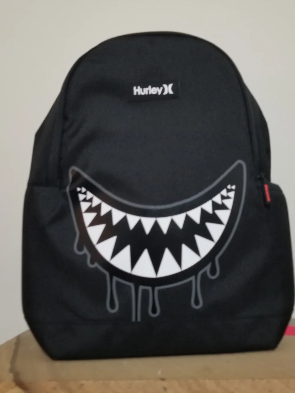 NEW! Hurley Black Backpack with White Shark-Mouth Graphic NWT